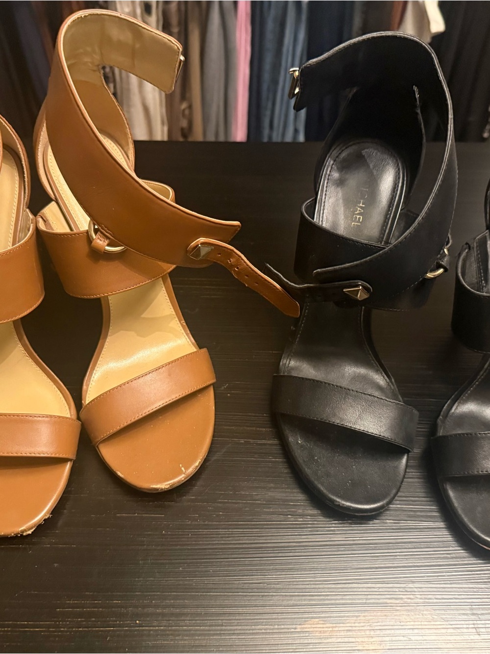 Set of 2 Michael Kors Black and Tan Leather Ankle-Strap Heels